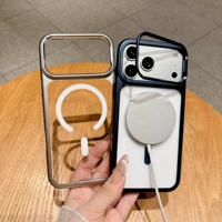 Coque de téléphone magnétique transparente électroplaquée avec support métallique pour objectif d'appareil photo, antichoc, pour iPhone 18 17 Pro Max 15