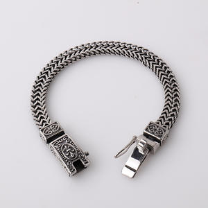 Perhiasan Hip Hop gelang buatan tangan pria, rantai tangan Stainless Steel ganda Punk Vintage Perak - Product Image 4