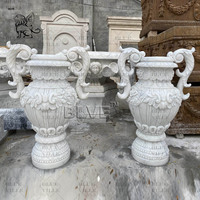BLVE Villa extérieur jardin décoratif pierre pot de fleurs sculpture à la main marbre Beige naturel grand Pot de jardinière avec Base