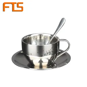 FTS茶具马克杯带勺子和托盘不锈钢优质双壁礼品套装咖啡杯