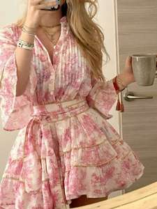 Vestido Mini <span class=keywords><strong>Boho</strong></span> Floral Rosa para Mujer, Vestido con Mangas Abullonadas y Cintura Ajustada, Vestido Línea A, Vestido Romántico Francés para Vacaciones - Product Image 3