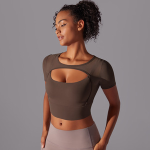 Classique Couture Maille Respirant Fit Résistant Aux Rides Sexy Double Couche À Manches Courtes Sling Soutien-Gorge Yoga <span class=keywords><strong>Top</strong></span> - Product Image 4