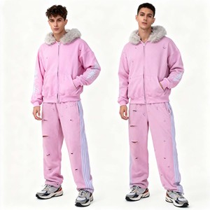 2025 Trending Streetwear Zip up Cropped Flared Sweatpants and Hoodie <strong>Tracksuit</strong> Sets Custom Printed Fur Collar Sweatsuit - Product Image 1