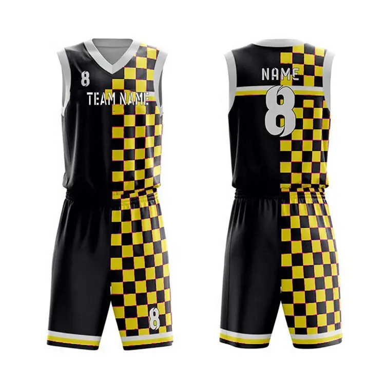 Schneller Versand OEM Reversible Polyester sublimierte Basketball uniform schwarz und gelb Basketball Trikot Set