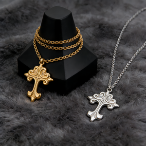 Collana con Pendente a Croce Fiammeggiante in Acciaio Inossidabile Placcato Oro 18K Impermeabile, Gioielli Punk Gotici per Uomo e Donna, Collana con Croce Intagliata - Product Image 2