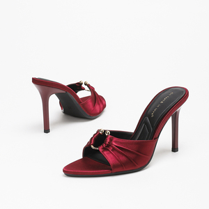 Mules élégantes en satin <span class=keywords><strong>bordeaux</strong></span> à talons aiguilles pour femme – Chaussures d'été et d'automne à enfiler, à <span class=keywords><strong>talon</strong></span> ouvert, doublure en PU, idéales pour mariage, soirée et cérémonie - Product Image 1