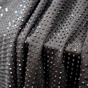 F003 Black 3mm Spacing Rhinestones Fabric Hotfix Soft 4 Way Stretch Crystals Rhinestones Applique Fabric For Suits