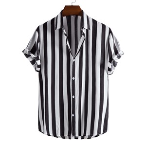 Men's Striped Short Sleeve Casual Shirt Turn-down Collar Breathable Cotton Poplin Summer Wear - Product Image 1