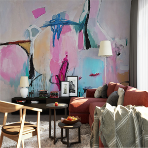 Mural de Arte Abstracto Moderno, Papel Tapiz de Seda Impermeable, Diseño de Pinceladas en Rosa y <span class=keywords><strong>Azul</strong></span> para <span class=keywords><strong>Apartamentos</strong></span>, Hoteles, Comedores y Dormitorios - Product Image 3