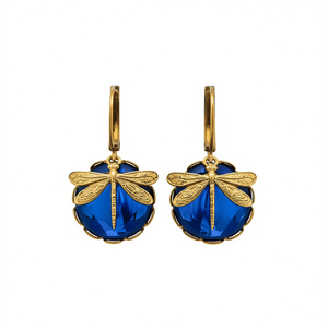 Pendientes colgantes de libélula dorada con engaste de cristal azul, estilo vintage para mujer, uso diario E4108 - Product Image 1