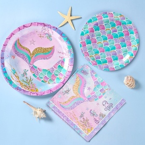 Vaisselle jetable sirène écailles de poisson de style moderne pour les fêtes d'anniversaire tasses en papier de vente chaude assiettes de mouchoirs - Product Image 1