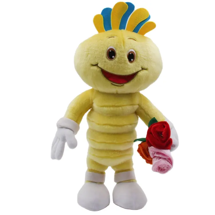 Yellow worm shaped plush doll toy with flowers in hand