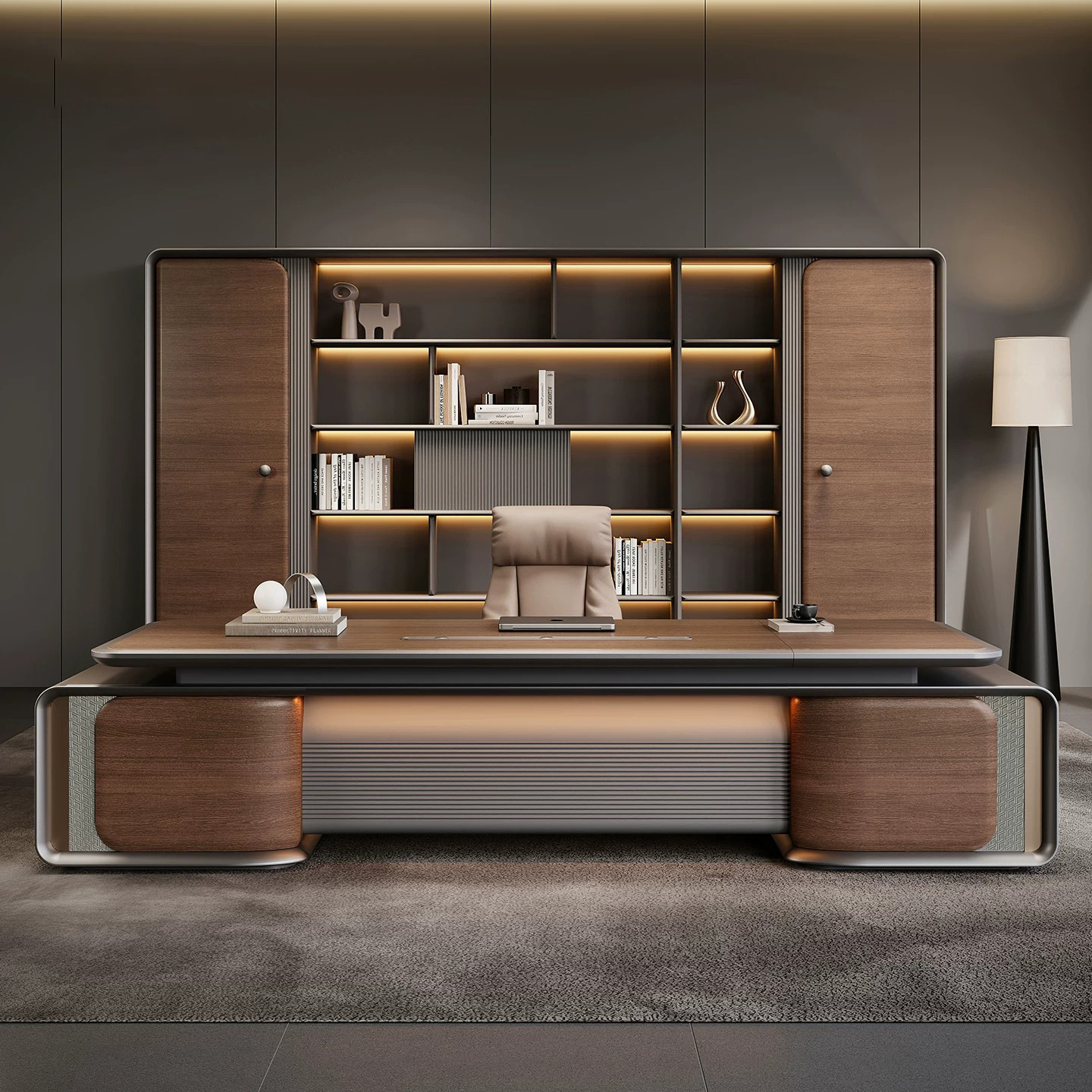 Luxury Large L Shape Wood Grain Executive Office Desk Modern CEO Boss Manager Table Office Furniture Workstation Storage Set