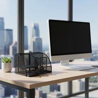 Organisateur de bureau en métal grillagé en gros avec sept compartiments de rangement, porte-stylos multifonctionnel pour fournitures de bureau et scolaires