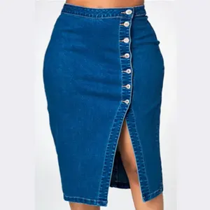 Novo estilo escritório moda casual longa cintura alta denim saias para as mulheres