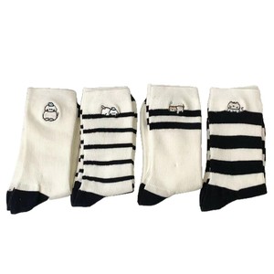 Mid Calf <b>Socks</b> Women Cotton Animal Pattern Breathable Sweat Absorbing Odor Resistant <b>Black</b> White Striped Sleepy Cat Design - Product Image 4