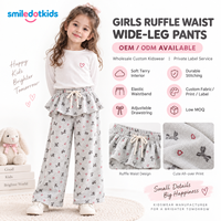 Pantalon large personnalisé Smiledotkids pour enfants, gris, imprimé cœurs et nœuds, taille à cordon de serrage, doux, OEM ODM, pour petites filles, vente en gros