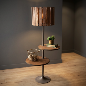 Industrial Floor Lamp Wood Shade Cylindrical Design Metal Base Adjustable Height LED 2700K Warm White - Product Image 4