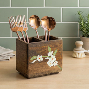 Handcrafted Wooden Cutlery <b>Holder</b> with 2 Compartments and Hand Painted Floral Design Rustic <b>Utensil</b> Organizer Stand for <b>Kitchen</b> - Product Image 5