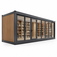 Unité de bibliothèque conteneurisée avec vitrage haut et mur latéral en lattes de bois, salle de lecture modulaire pour bibliothèques communautaires et scolaires