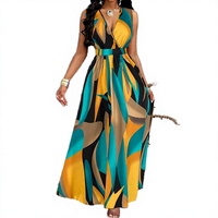 Robe longue élégante à imprimé tropical, col en V, sans manches, taille haute, prête à être expédiée – Idéale pour les vacances, les soirées, le quotidien et un look sexy.