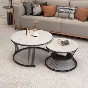 Table basse ronde en marbre noir de style moderne et luxueux, extensible en métal pour salon, meubles dorés au design élégant - Product Image 5