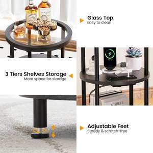 מסגרת מתכת שולחן צד עם <span class=keywords><strong>3</strong></span> קומות עם פלטת זכוכית עם יציאות USB שקעי חשמל לחללים קטנים סלון מרפסת חדר שינה שחור - Product Image 2