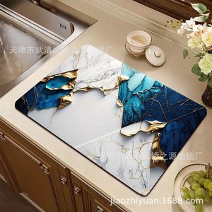 Tapis de cuisine JiaoZhiYuan rectangulaire rose effet jade craquelé bleu océan, antidérapant, résistant à la chaleur, design moderne pour salle à manger - Product Image 5