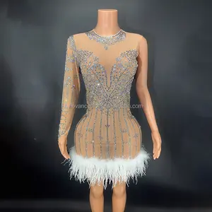 NOCANCE Y2681 – robe à manches simples scintillantes avec plumes blanches, ourlet d'autruche, robe de bal courte pour fête, nouvelle année 2023