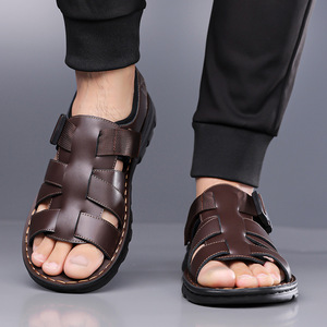 Men's Leather Sandals Soft Sole Summer Casual Wearable Slippers <b>Driving</b> Beach <b>Shoes</b> - Product Image 2
