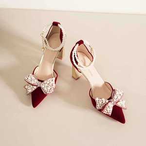 7500H-017 Heeled <b>Sandals</b> Pointed Toe Thick Heel <b>Bow</b> Decoration Comfortable Wedding Shoes For Women - Product Image 1