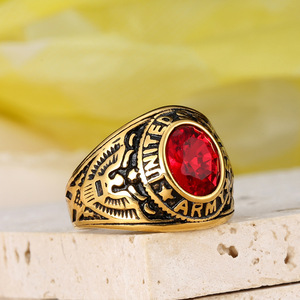 Anello in Vetro con Aquila Retrò Stile Soldato Americano, Pietra Naturale Incastonata Rossa Blu Nera, Smeraldo, Vendita Diretta dalla Fabbrica - Product Image 4