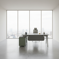 Bureau de direction moderne convertible en forme de L, gris et blanc, en panneaux de particules E1 écologiques, rails silencieux, pour bureau professionnel de PDG
