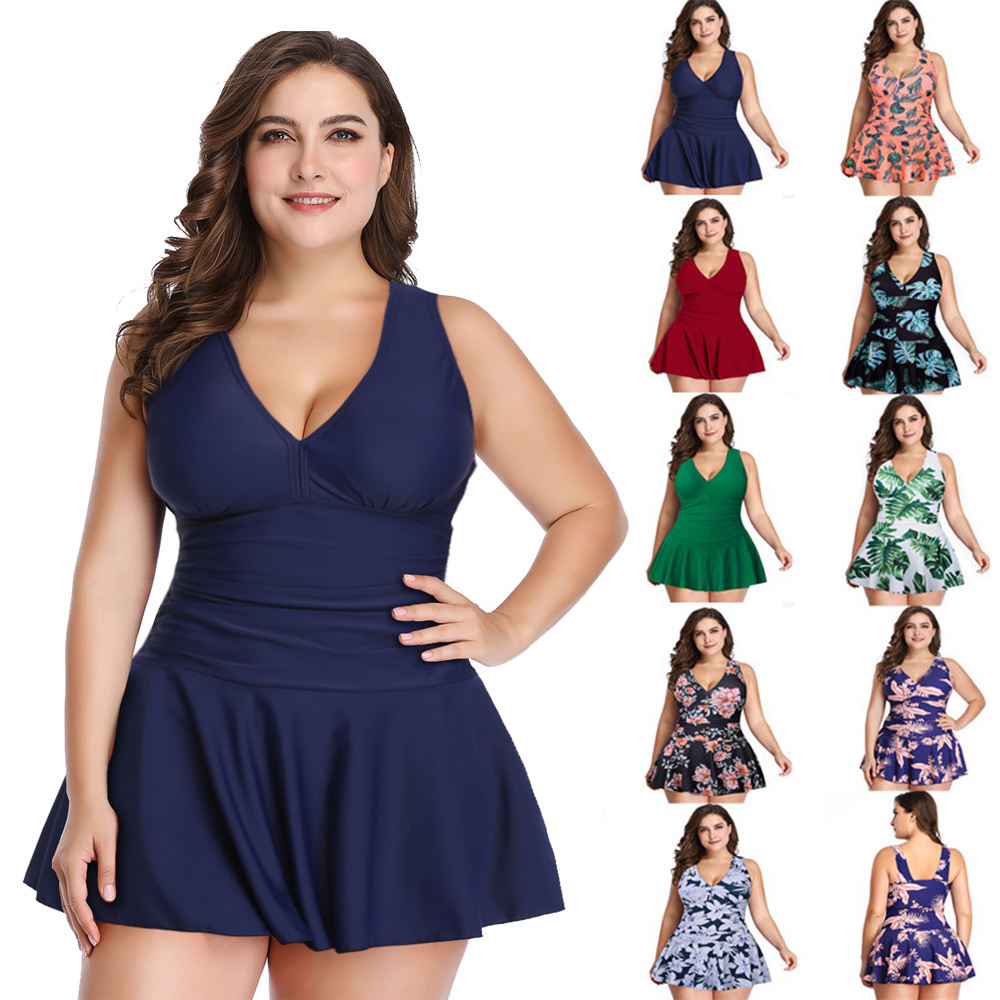 2022 Summer Swimdress Custom Designs V-nack Beach Dress Swimwear Bikini Womens One Piece Plus Size Swimsuit For Fat Women 