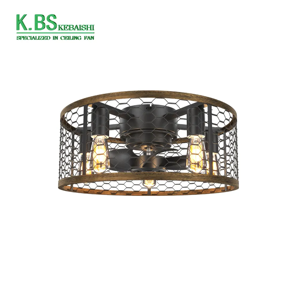 New Design Living Room Dimmable 20 Inch Flush Mount Remote Control Caged Led Ceiling Light With Fan
