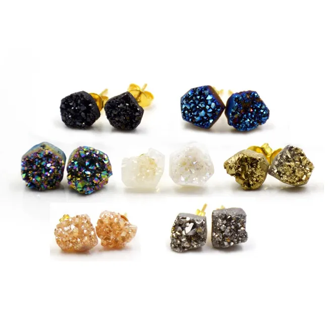 Natural shinny agate druzy crystal simple earrings stud gemstone quartz s925 sterling silver freeform earring jewelry for women
