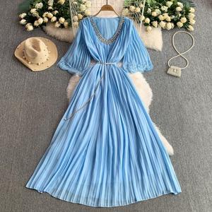 Vestido de Noche de Lujo con Pedrería y Cuello en V para Mujer, <span class=keywords><strong>Maxi</strong></span> de Encaje con Falda Acampanada y Lazo en la Cintura para Eventos Formales - Product Image 6