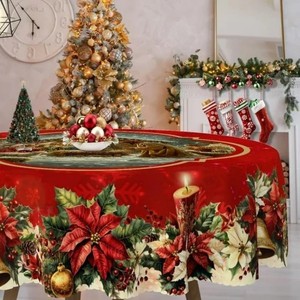 Christmas Poinsettia Round <strong>Tablecloth</strong> - <strong>Red</strong> Holly &amp; Floral Printed <strong>Table</strong> Cover for Holiday Dining Decor Factory Directly - Product Image 1