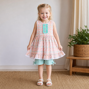 Completo Estivo per Bambine 3-12 Anni in Morbido Cotone a Quadri, Stile Carino e Conveniente, Ideale per Casa o Passeggiate - Product Image 1