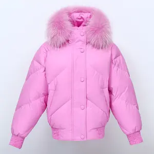 Parka à capuche à col en fausse fourrure matelassée rose Manteau en duvet de coton pour femmes pour l'hiver en plein air