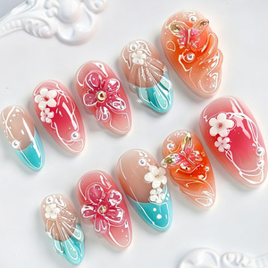 Lot <span class=keywords><strong>de</strong></span> 30 faux ongles press-on faits main, motif floral 3D en relief, coquillage marin, paillettes gelée, pour fêtes et usage quotidien - Product Image 3