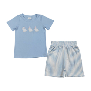 Vente en gros, t-shirts à manches courtes bleus pour garçons en bas âge, motif lapin de Pâques, shorts camouflage, ensemble en spandex/polyester, haute qualité - Product Image 1