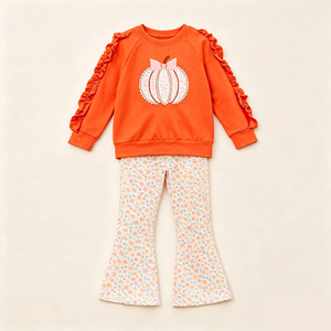 Combinaison personnalisée en spandex/coton biologique doux pour bébés filles, motif floral citrouille orange, style fêtes, vente en gros, vêtements pour sœurs - Product Image 3