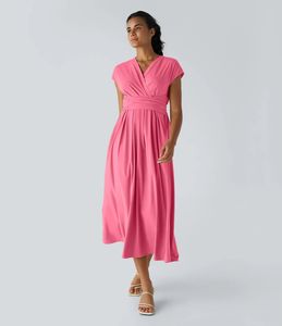 Robe midi décontractée unie à col en V et manches courtes avec poches, séchage rapide, pour <span class=keywords><strong>femme</strong></span> - Vente en gros - Product Image 3