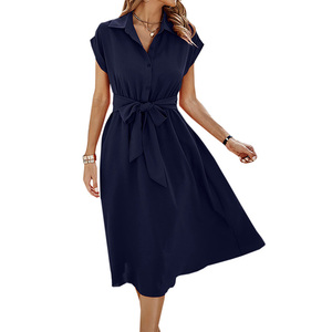 เดรสมิดิลำลองสำหรับผู้หญิงเดรสเสื้อเชิ้ตแขนสั้นคอเสื้อเปิดลงสีพื้นมีกระเป๋าสำหรับฤดูใบไม้ผลิฤดูร้อน - Product Image 4