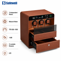 Safewell - Estuche para Relojes de Cuero Marrón de Primera Calidad con 3 Ranuras, Motores Silenciosos, TPD Ajustable y 2 Cajones con Cierre