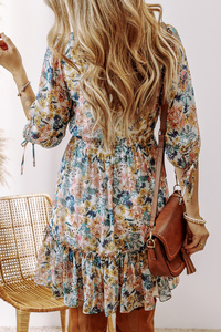 Dear-Lover Sky Blue Floral 3/4 <span class=keywords><strong>manga</strong></span> cuello en V cintura alta con volantes Casual vestido <span class=keywords><strong>de</strong></span> verano - Product Image 3