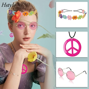L'ensemble de costumes hippie rose comprend un collier de signe de paix et des boucles d'oreilles <span class=keywords><strong>bandeau</strong></span> couronne de fleurs et lunettes de soleil accessoires des années <span class=keywords><strong>70</strong></span> HS1420 - Product Image 2