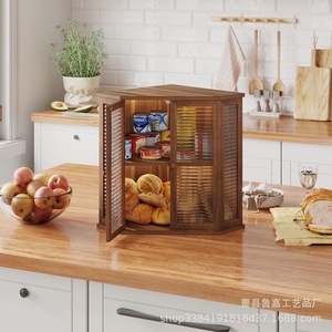 Wooden Bread Box Corner <b>Kitchen</b> Storage Solid Wood Double Door Food Rack Natural Color Polygon Shape - Product Image 1