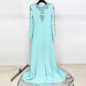 Fornitore di abiti da donna eleganti a manica lunga blu chiaro strass di lusso con paillettes abiti da sera formale abito da sera con strascico - Product Image 2
